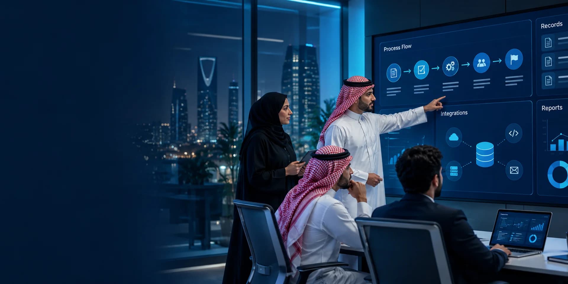 Project team reviewing business workflows and an illustrative software interface.