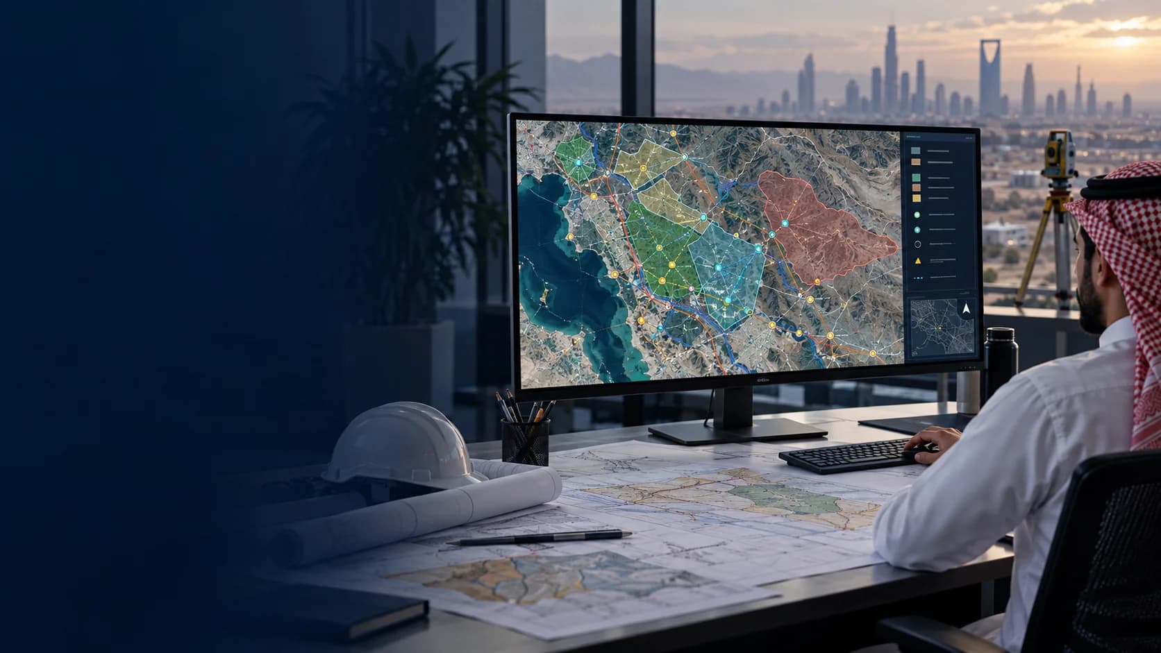 GIS map with project boundaries and asset layers.