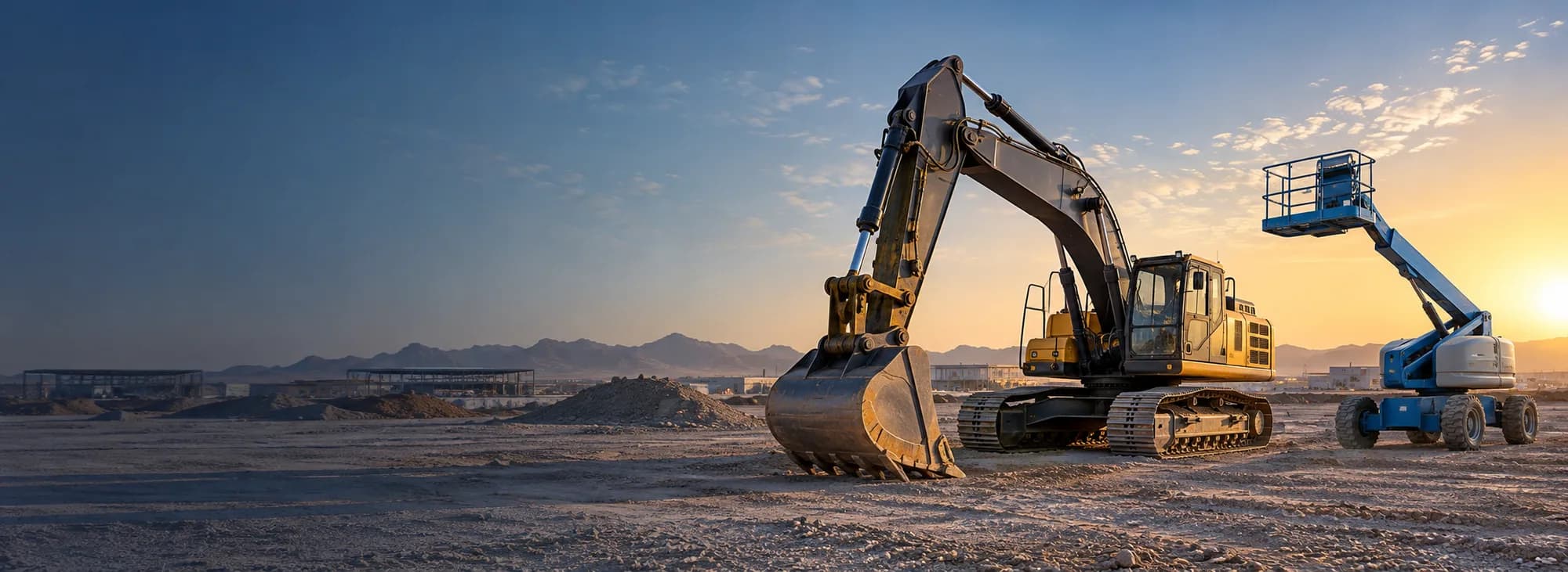 Construction equipment positioned in a project staging area.