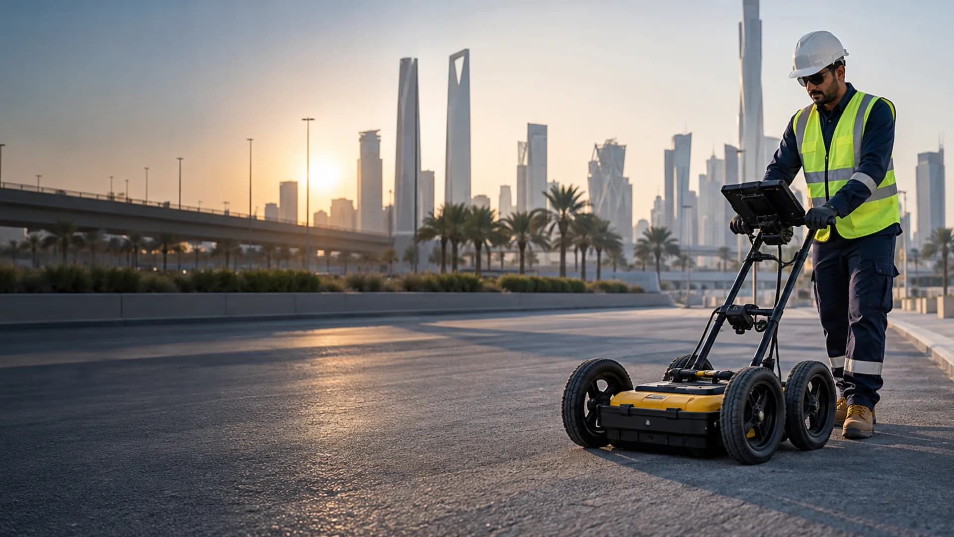 Utility survey technician using ground penetrating radar on a paved site.