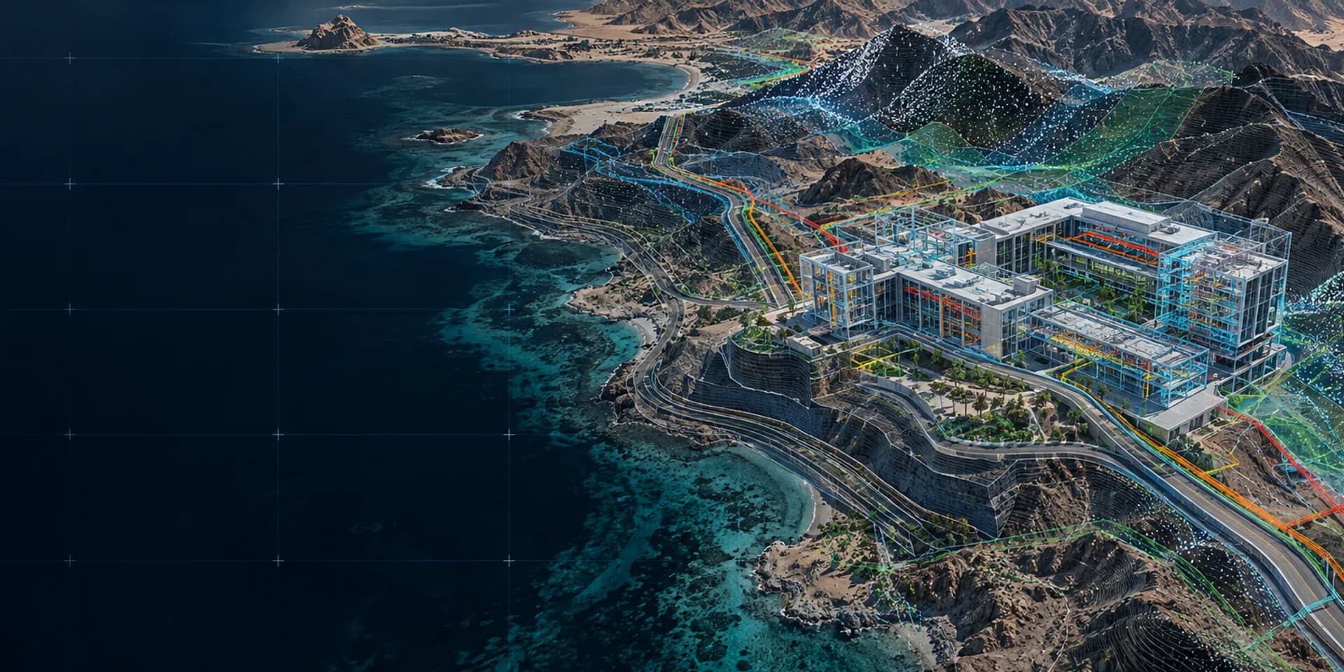 Illustrative building model aligned with terrain, utility layers and aerial imagery.