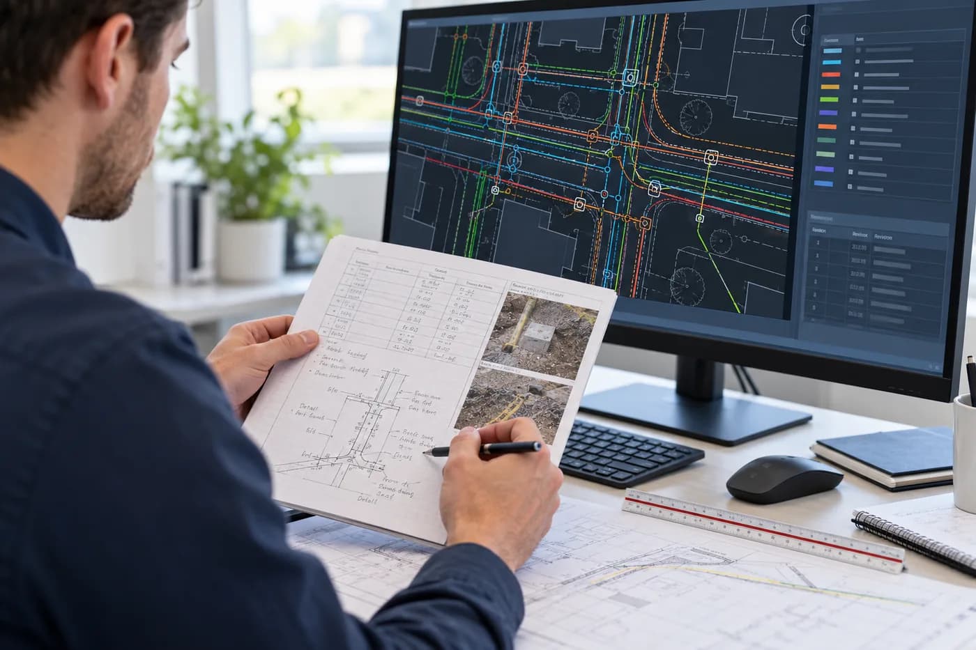 Analyst comparing field records with a utility drawing.