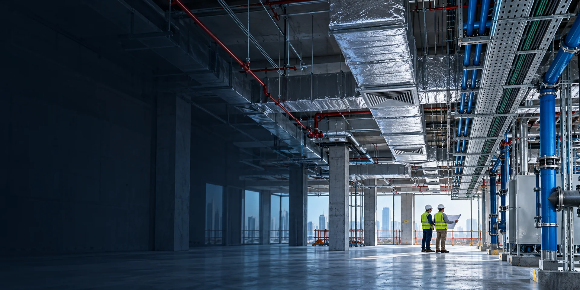 Coordinated building-services installation showing ductwork, pipework and cable containment.