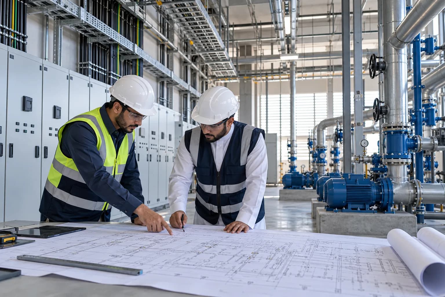 Project team reviewing electrical and mechanical installation drawings.