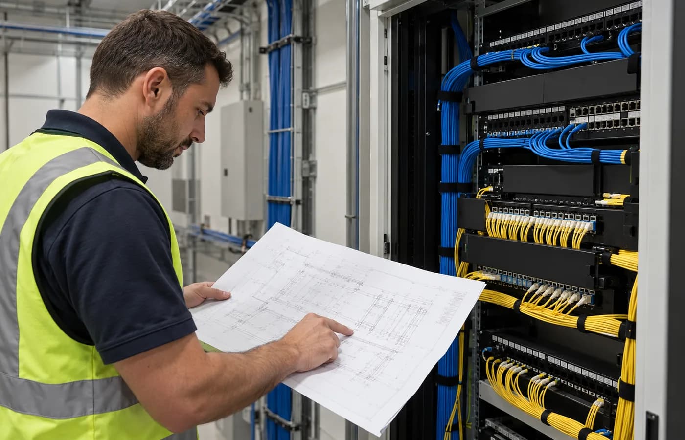 Engineer reviewing cable routes and rack positions on a site drawing.