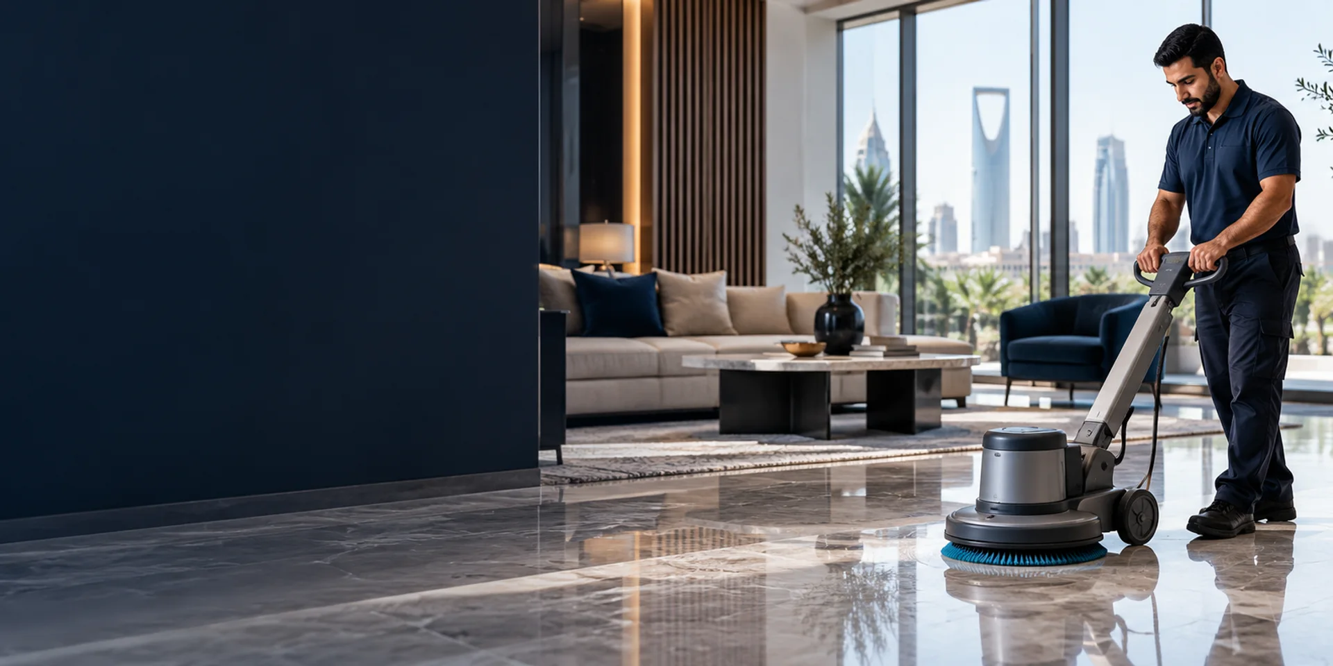 Cleaning professional caring for an interior floor in an occupied property.